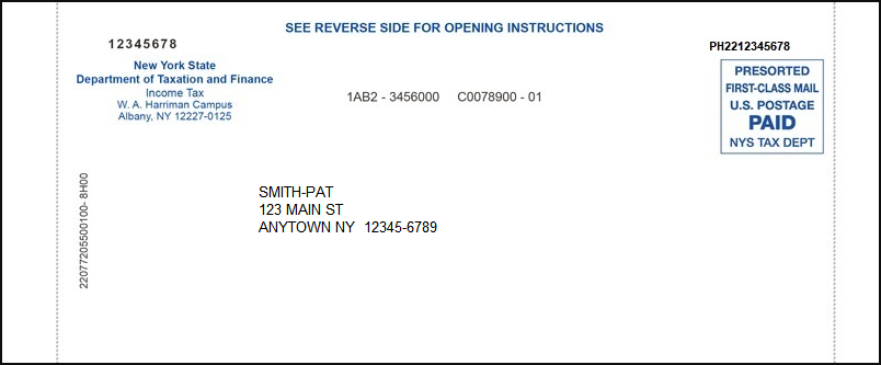 check envelope for Smith-Pat from NYS Tax Department