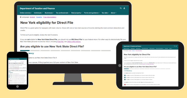 desktop, tablet, and mobile phone showing New York State Direct File eligibility webpage