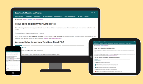 Desktop, tablet, and mobile device showing NYS Direct File eligibility webpage