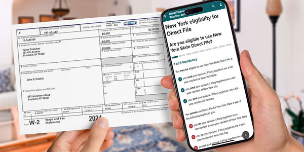 person filing with NYS Direct File from their smart phone while holding their W-2