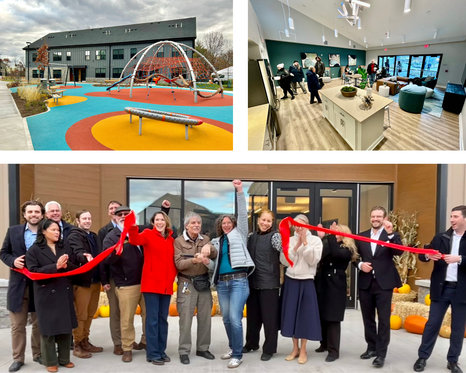 Collage of the Golden Hill ribbon cutting, playground and common space interior