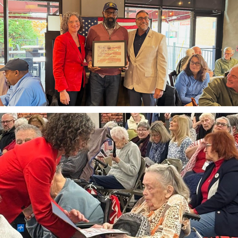 Collage of County Executive Metzger giving the Vet of the Month award to Dave Hills with Director Cozzupoli and giving an award to a senior veteran