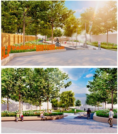 Renderings of proposed designs for Midtown Linear Park community spaces