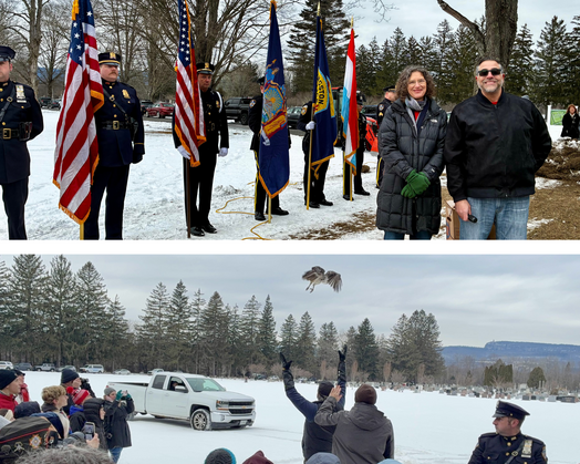 County Executive Metzger and VSA Director Cozzupoli at Wreaths Across America and the hawk being released