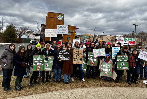 Group photo of Senator Hinchey and Executive Metzger join striking Starbucks baristas and supports at the picket line.