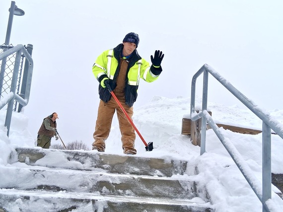 DPW Staff shoveling an outdoor staircase on the SUNY Ulster campus