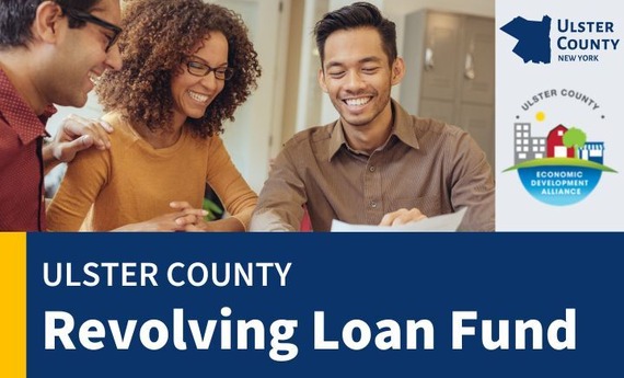 Smiling people with text that reads Ulster County Revolving Loan Fund and the Ulster County and UCEDA logos