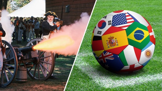 Collage of a cannon firing at a burning of Kingston reenactment and a soccer ball with flags from around the world