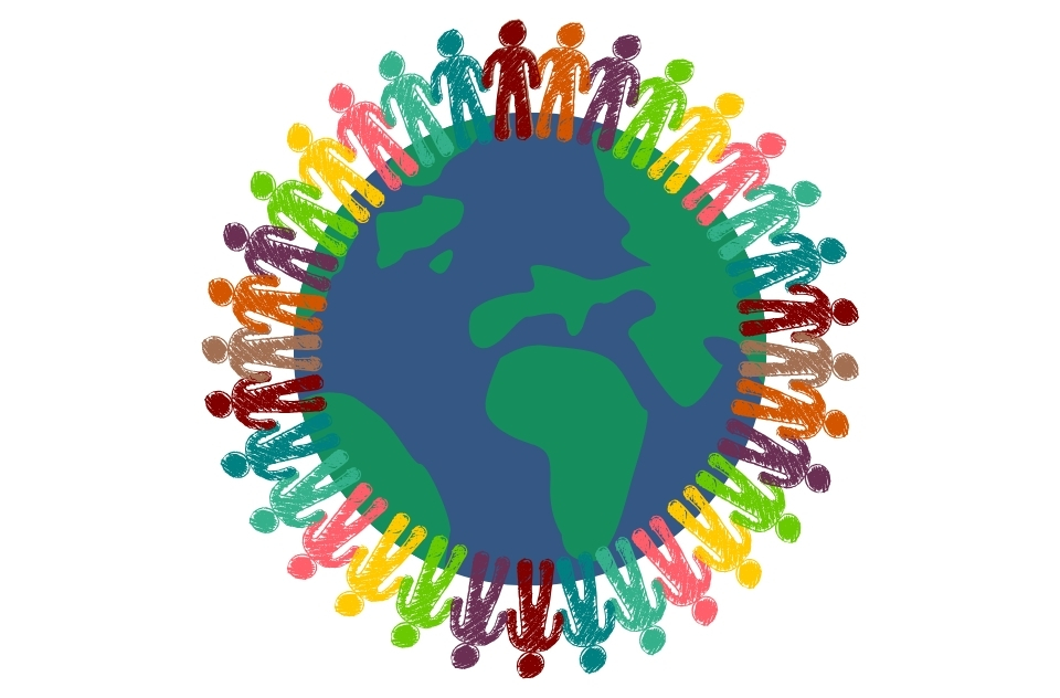 Graphic of earth with multicolored outlines of people holding hands in a circle around it