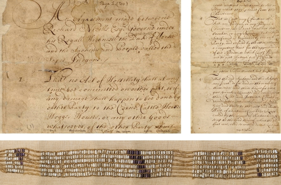Collage of the first two pages of the Nicolls Treaty and the gifted Wampum belt