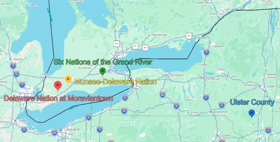 Map showing the locations of the Delaware Nation at Moraviantown, Munsee-Delaware Nation, Six Nations of the Grand River, and Ulster County