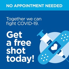 Illustration of bandaid over a shot. Together we can fight covid-19. Get a free shot today!