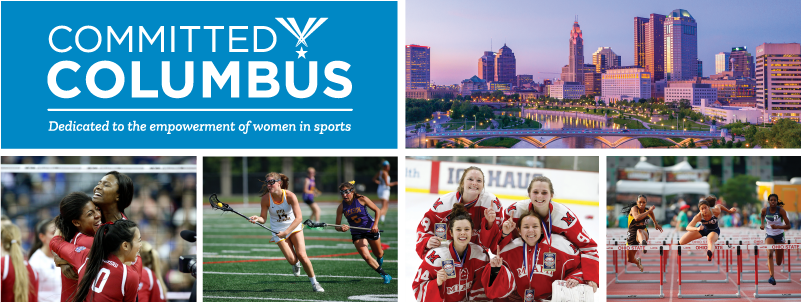 collage of downtown Columbus skyline and women playing sports