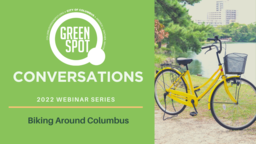 GreenSpot Conversations Biking around Cbus. GreenSpot logo with a yellow bike on the right hand side of the graphic.