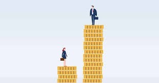 Illustration of woman standing on short stack of coins next to a man on a tall stack of coins