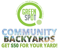 GreenSpot logo with "Community Backyards" written below it. There are plants in the "Community Backyards" letters.