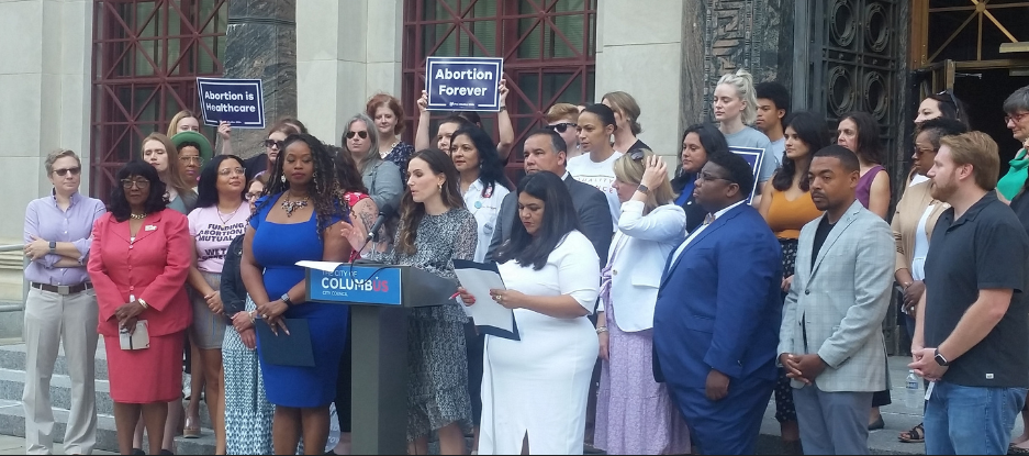 Councilmember Elizabeth Brown speaks at a press event announcing legislation to protect the reproductive health