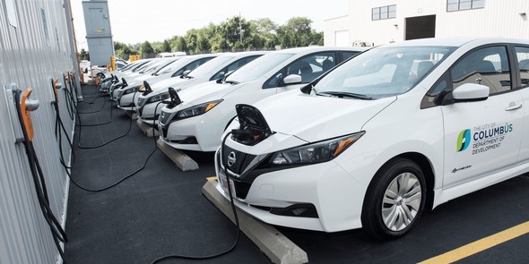 City of Columbus vehicles charging at EV charging stations