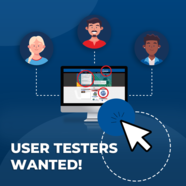 Illustration of 3 profiles with a dashed line connecting to a computer screen. Text: User testers wanted!
