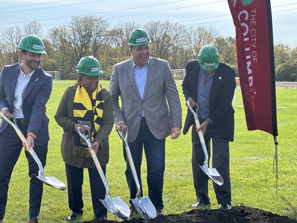 Mayor Ginther and community partners break ground with shovels at Kilbourne Run Sports Park