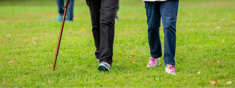 A cane and two legs walking on grass