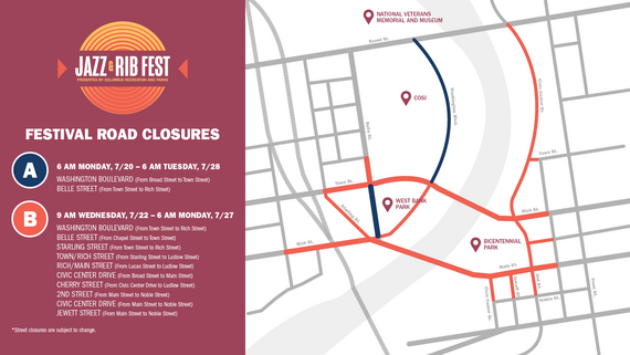 Map of Jazz and Rib Fest Festival Closures