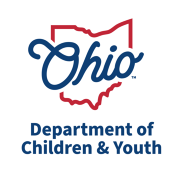Logo- Ohio Department of Children and Youth-Lineart, Red outline of Ohio, with the word Ohio in Blue script with the agency name at the bottom.