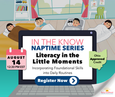 Image of sleeping children with a laptop screen promoting the In the Know Naptime Series called Literacy in the Little Moments