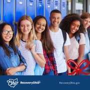 Teenage Boys and Girls leaning against blue lockers. RecoveryOhio logo RecoveryOhio.gov in a blue field below the image.