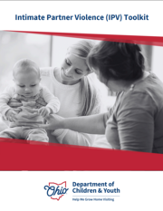 Cover of the Intimate Partner Violence Toolkit shows the DCY logo and a black and white photo of a mother and baby being helped by a woman.