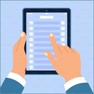 An illustration of an iPad with a finger tapping items on the screen.