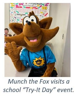 Munch the Fox visits a school Try it Day event