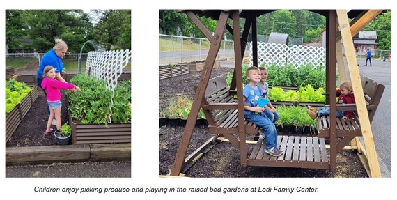 Children enjoy picking produce and playing in the raised bed gardens at Lodi Family Center.