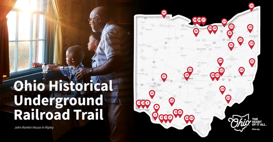 Ohio Historical Underground Railroad Trail. John Rankin House in Ripley. Map to right with pinpoints. Ohio The heart of it all logo.