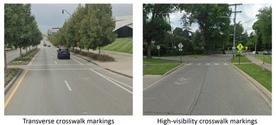 Example of transverse crosswalk markings and high-visibility crosswalk markings.