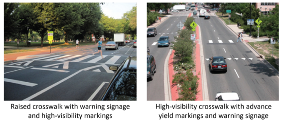 Raised crosswalk with warning signage and high-visibility markings versus high-visibility crosswalk with advance yield markings and warning signage