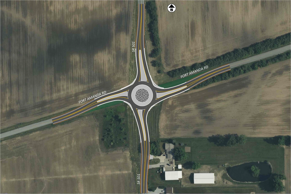 Map of intersection with a graphical overlay of a centered circular roundabout