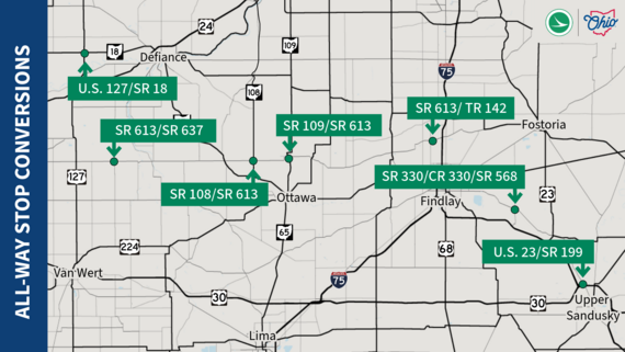 Map showing the locations of the all-way stop conversions