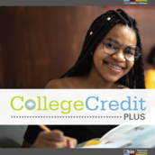 Young high school aged student with college credit plus graphic logo. 