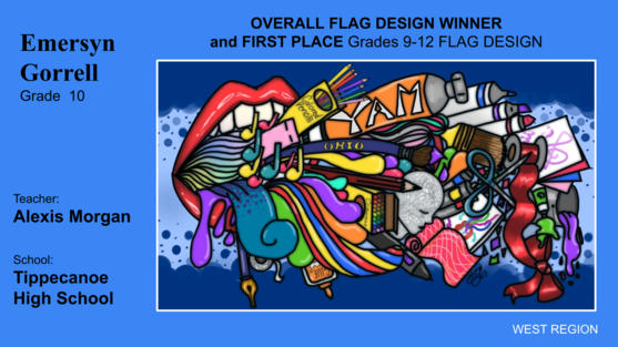 Overall Youth Arts Month Flag Design Winner and First Place Grades 9-12 Flag Design. Colorful art supplies and a mouth on a dark blue background.