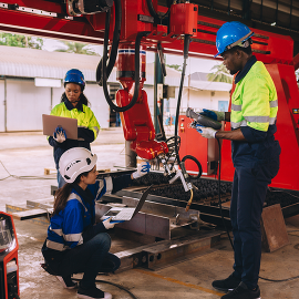 Students and teacher working on mechianical equipment