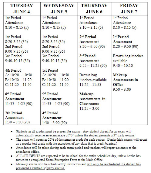exam schedule