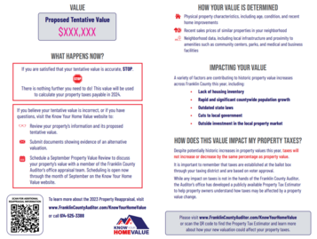 A copy of a 2023 tentative value mailer sent from the Franklin County Auditor's office. 