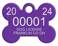 A graphic representation of a 2024 Franklin County dog license which is a purple bone-shaped medallion. 