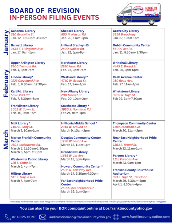 A graphic containing the dates and times for mobile BOR clinics offered across Franklin County. 
