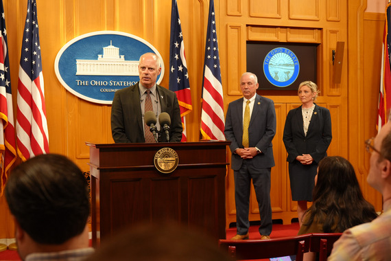 Rep. Bord, Rep. Workman, and Speaker Huffman at a press conference