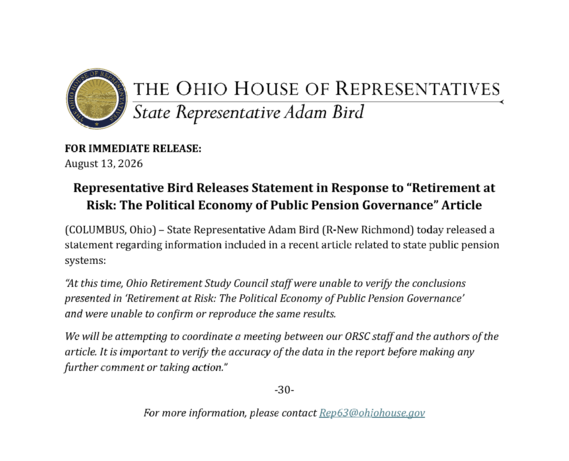 Representative Bird Releases Statement in Response to “Retirement at Risk: The Political Economy of Public Pension Governance” Article  
