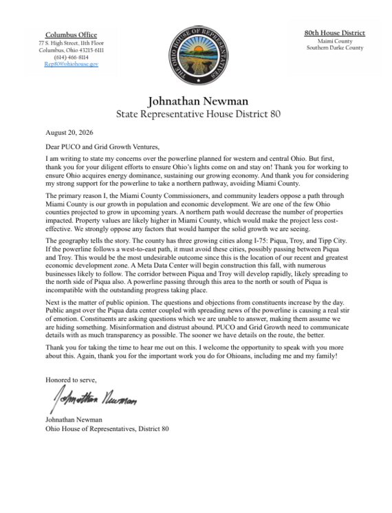 Newman Letter to the PUCO