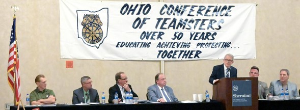 Governor DeWine speaks at the Teamsters event on Tuesday.