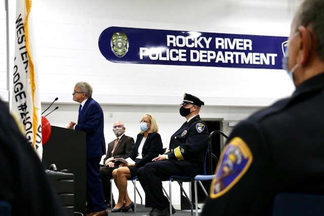 Governor DeWine speaks to the Rocky River Police Station.